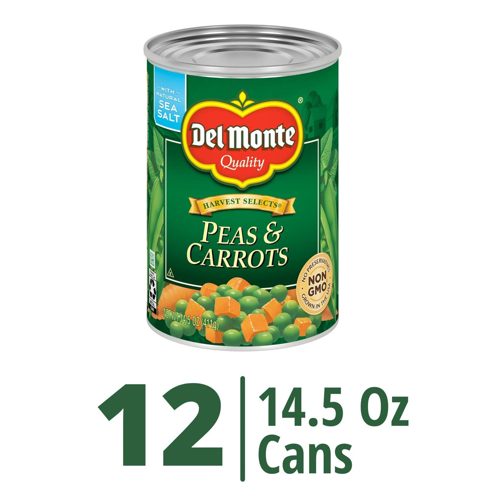 Opened Del Monte can of peas and carrots ready to heat.