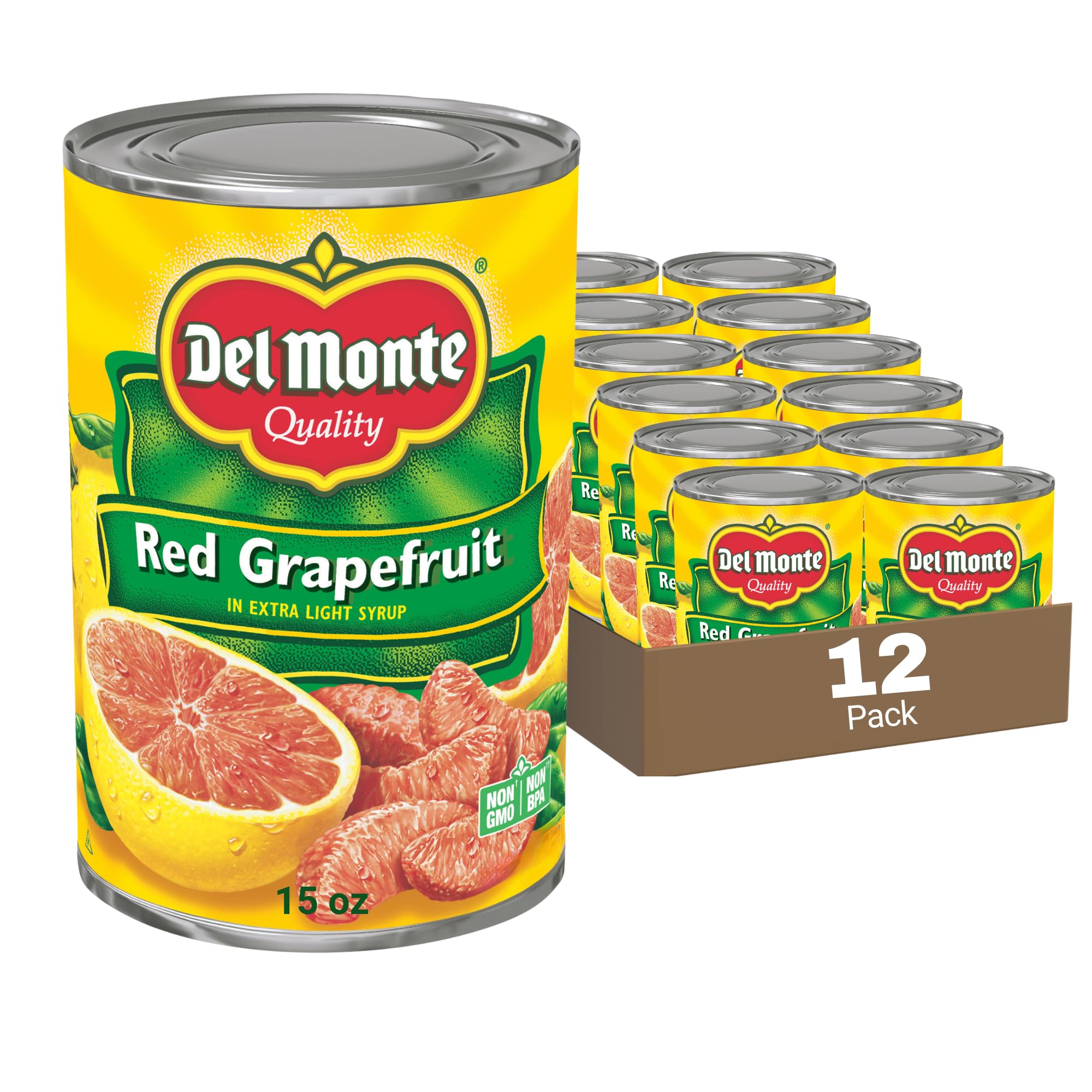 Del Monte red grapefruit segments in light syrup ready for quick snacking.