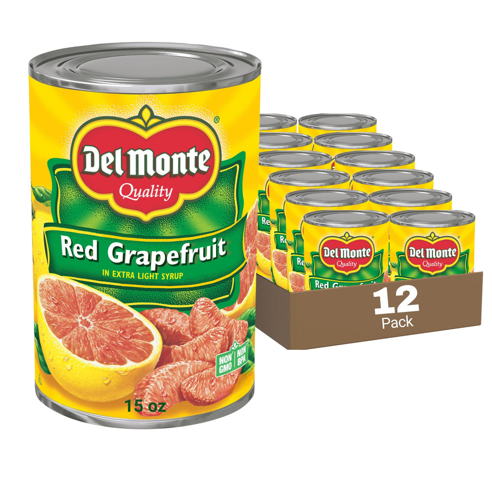 Del Monte red grapefruit segments in light syrup ready for quick snacking.