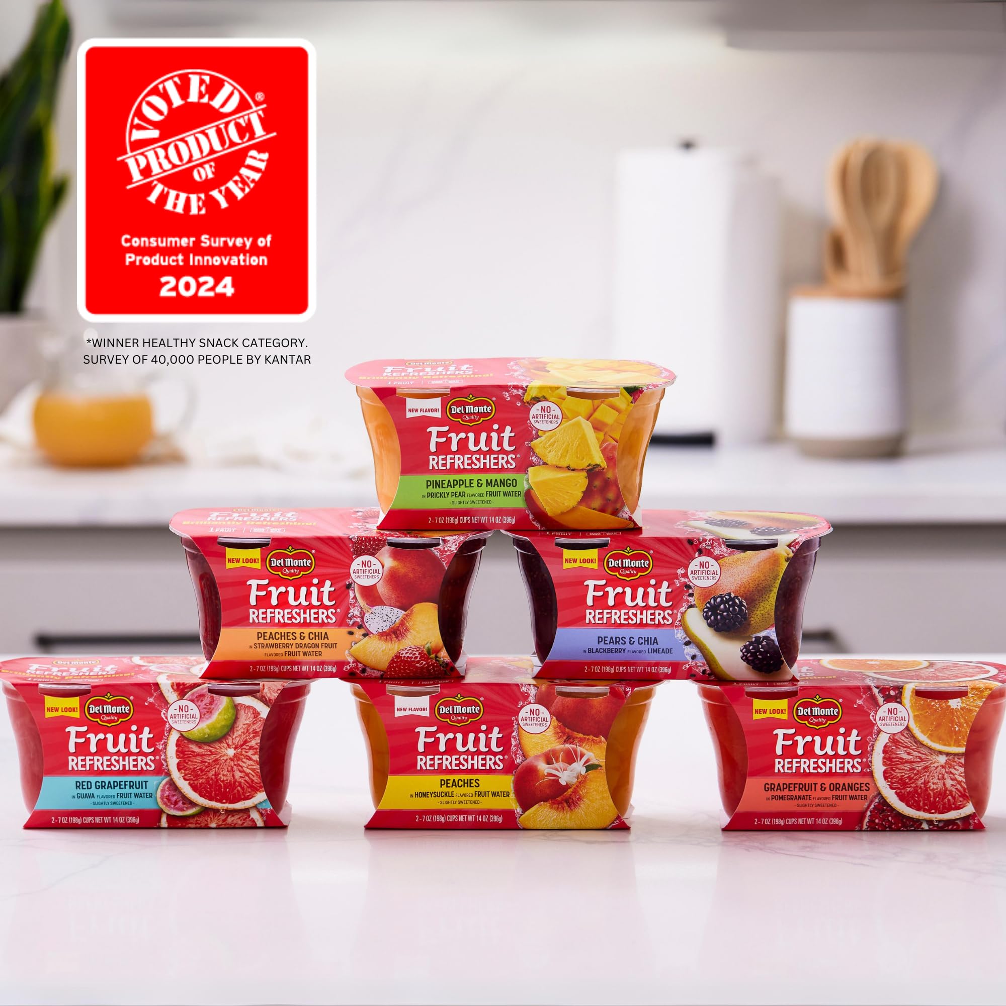 Non-GMO Del Monte Refreshers with grapefruit and guava flavor.