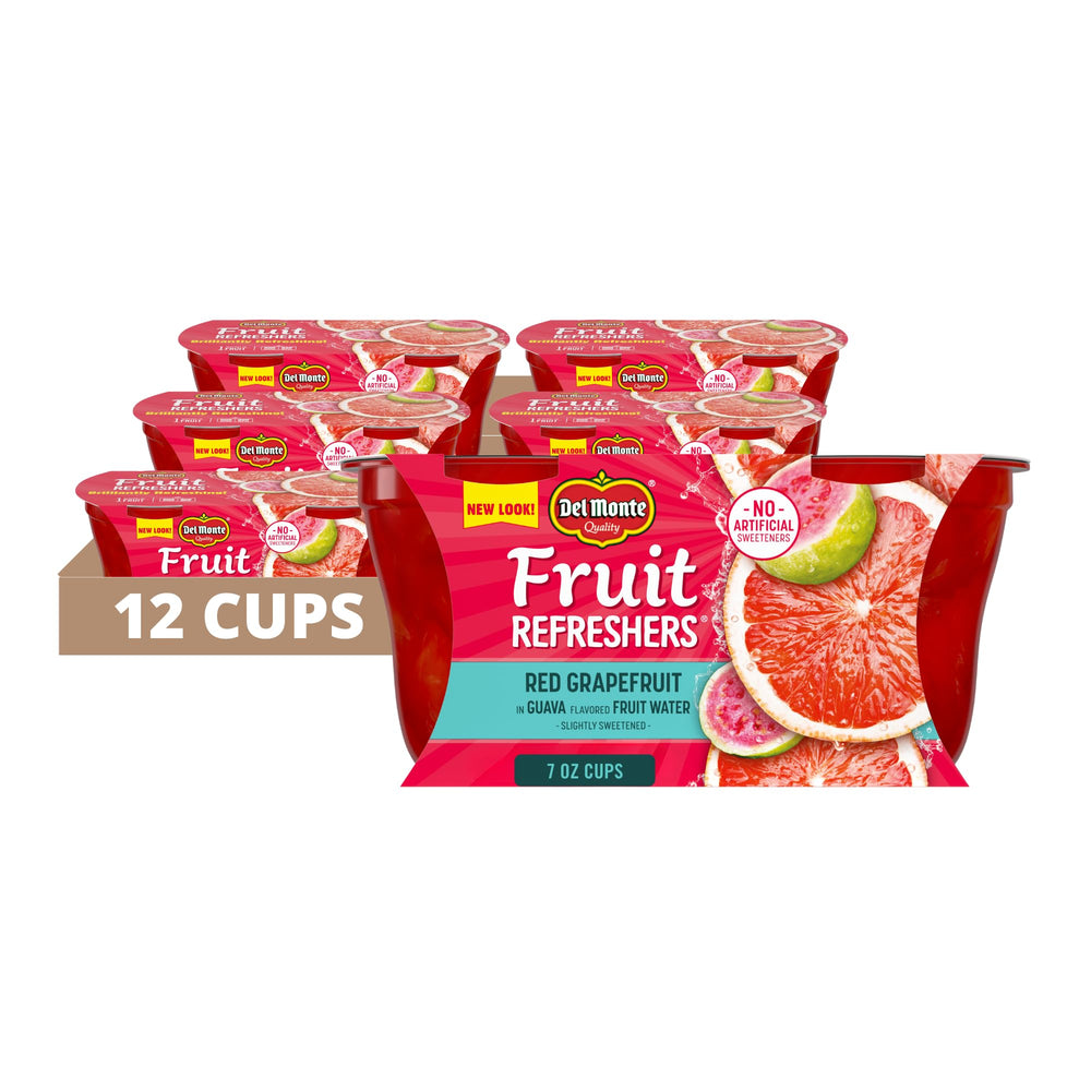 Del Monte Refreshers red grapefruit in guava water cups in a 7 oz pack, convenient snack.