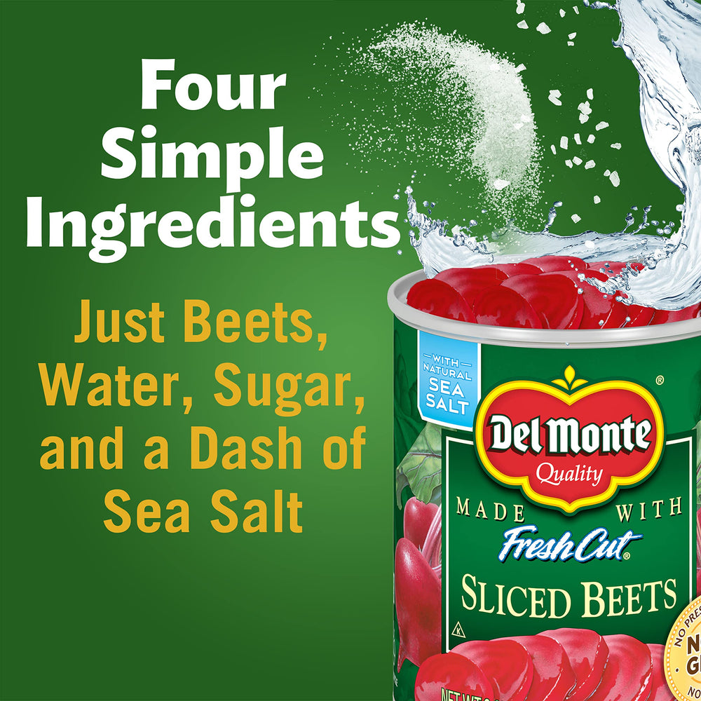Open can of sliced beets ready for salads, sides, or warm dishes.