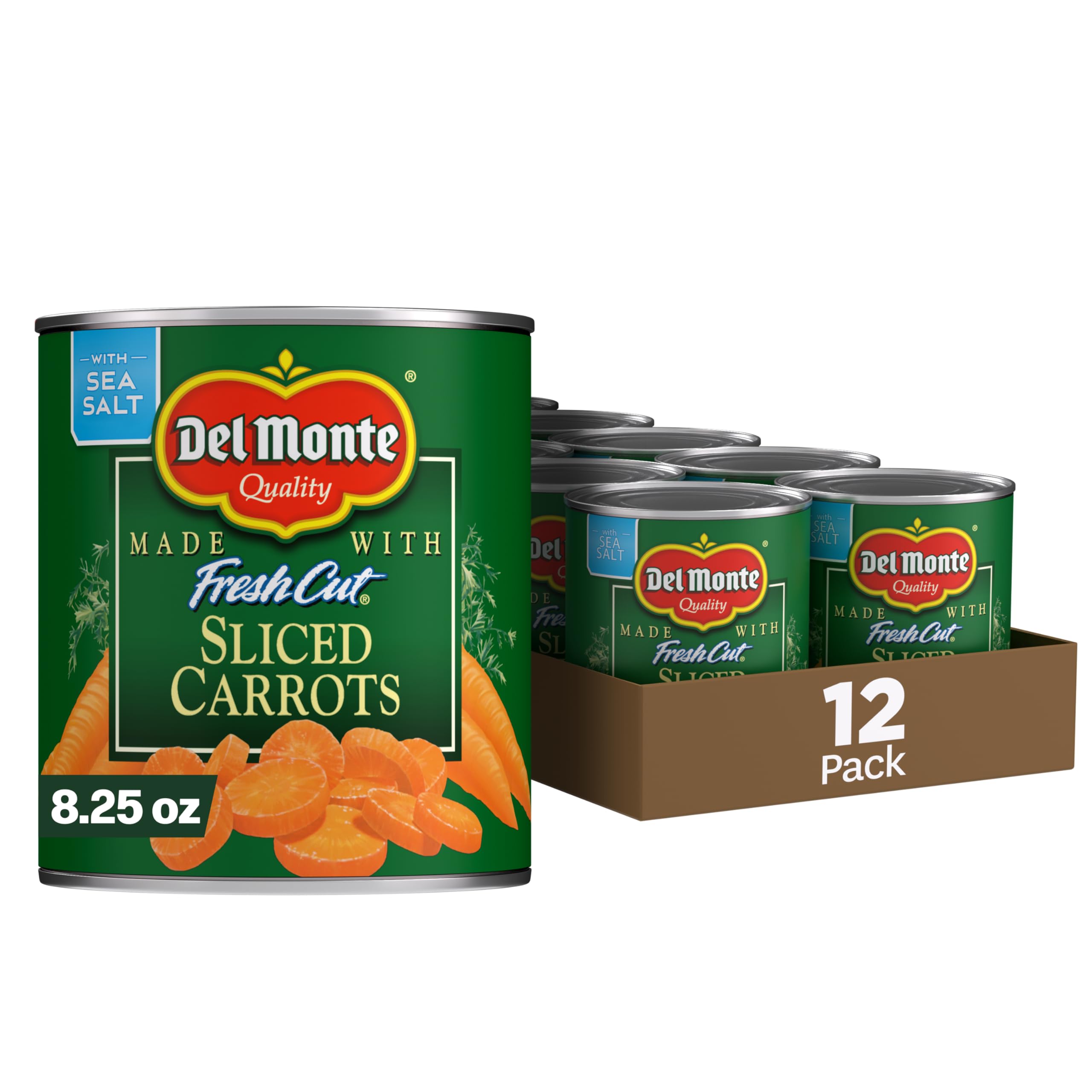 Del Monte Sliced Carrots pack of 12 ready to heat or serve as a side.