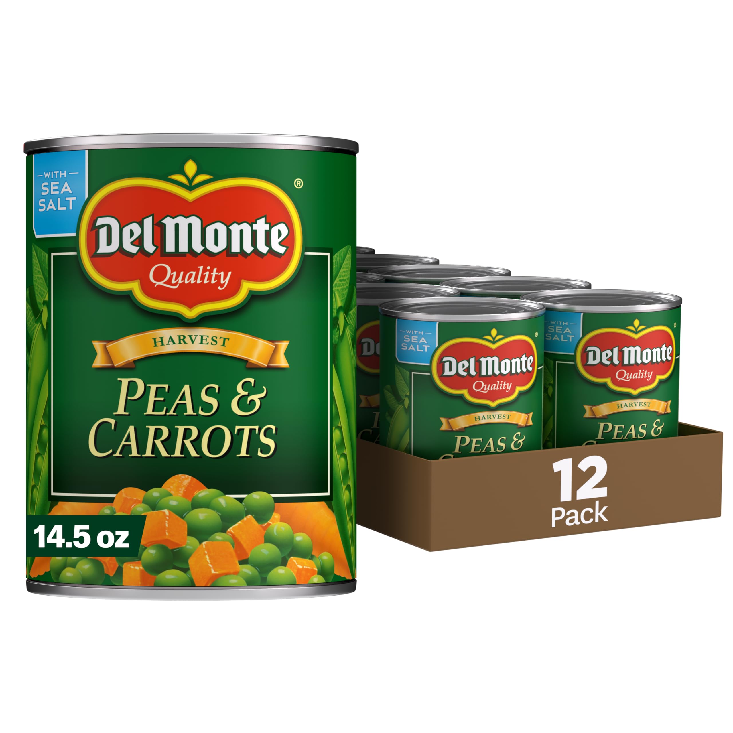 Del Monte Special Blends peas and carrots 12-pack cans for quick meals.