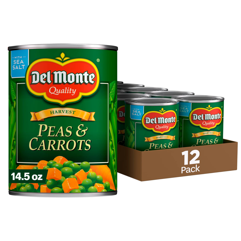 Del Monte Special Blends peas and carrots 12-pack cans for quick meals.