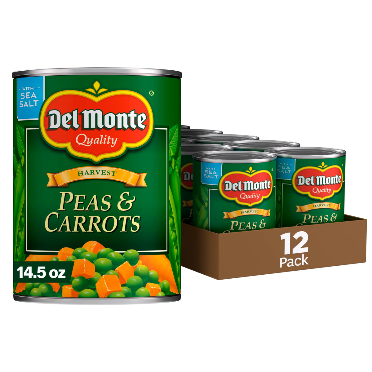 Del Monte Special Blends peas and carrots 12-pack cans for quick meals.