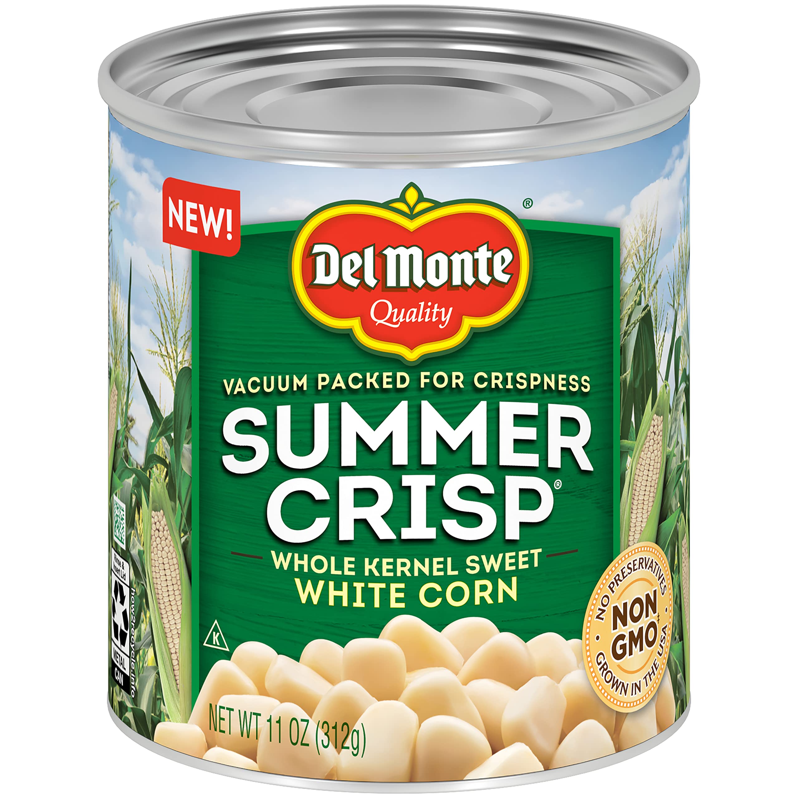 Del Monte Summer Crisp White Corn 11oz can, ready to heat as a tasty side.