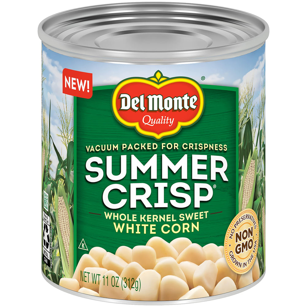 Del Monte Summer Crisp White Corn 11oz can, ready to heat as a tasty side.