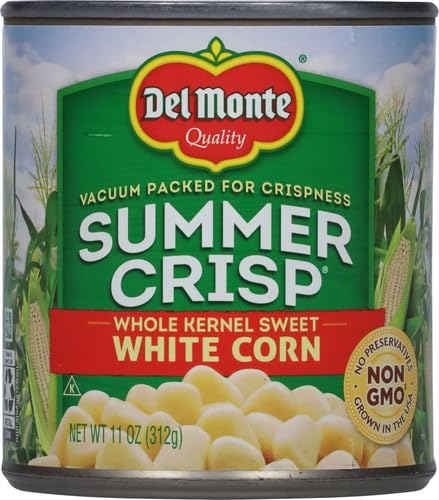 Del Monte Summer Crisp White Corn open can, perfect for quick salads and bowls.