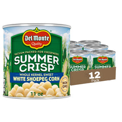 Del Monte Summer Crisp White Shoepeg Corn can label signals peak freshness for quick meals.