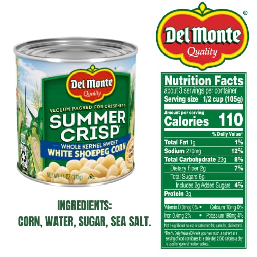 Del Monte Summer Crisp White Shoepeg Corn peak freshness close-up suggests ready-to-use corn.