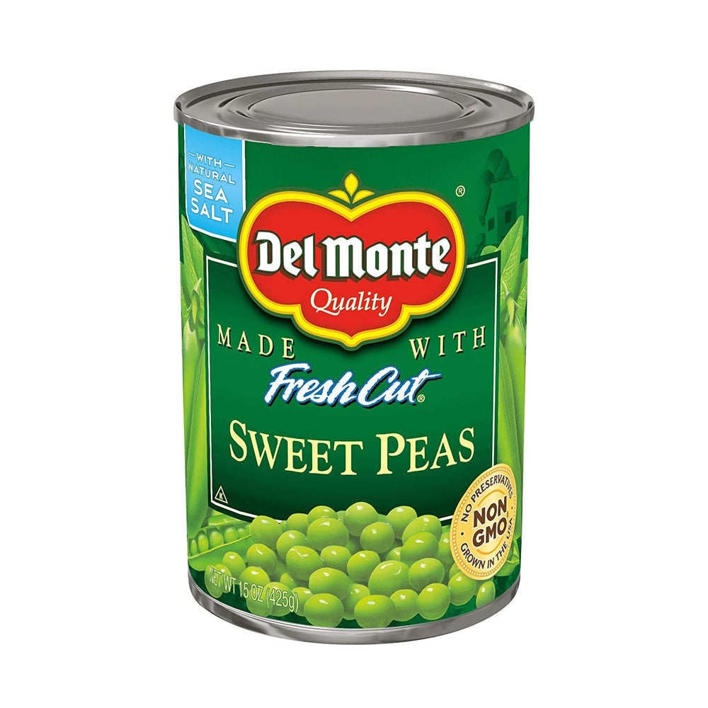 Del Monte Sweet Peas can front view, ready-to-use side dish option.