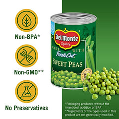 Del Monte Sweet Peas pack shot, versatile ingredient for quick recipes.