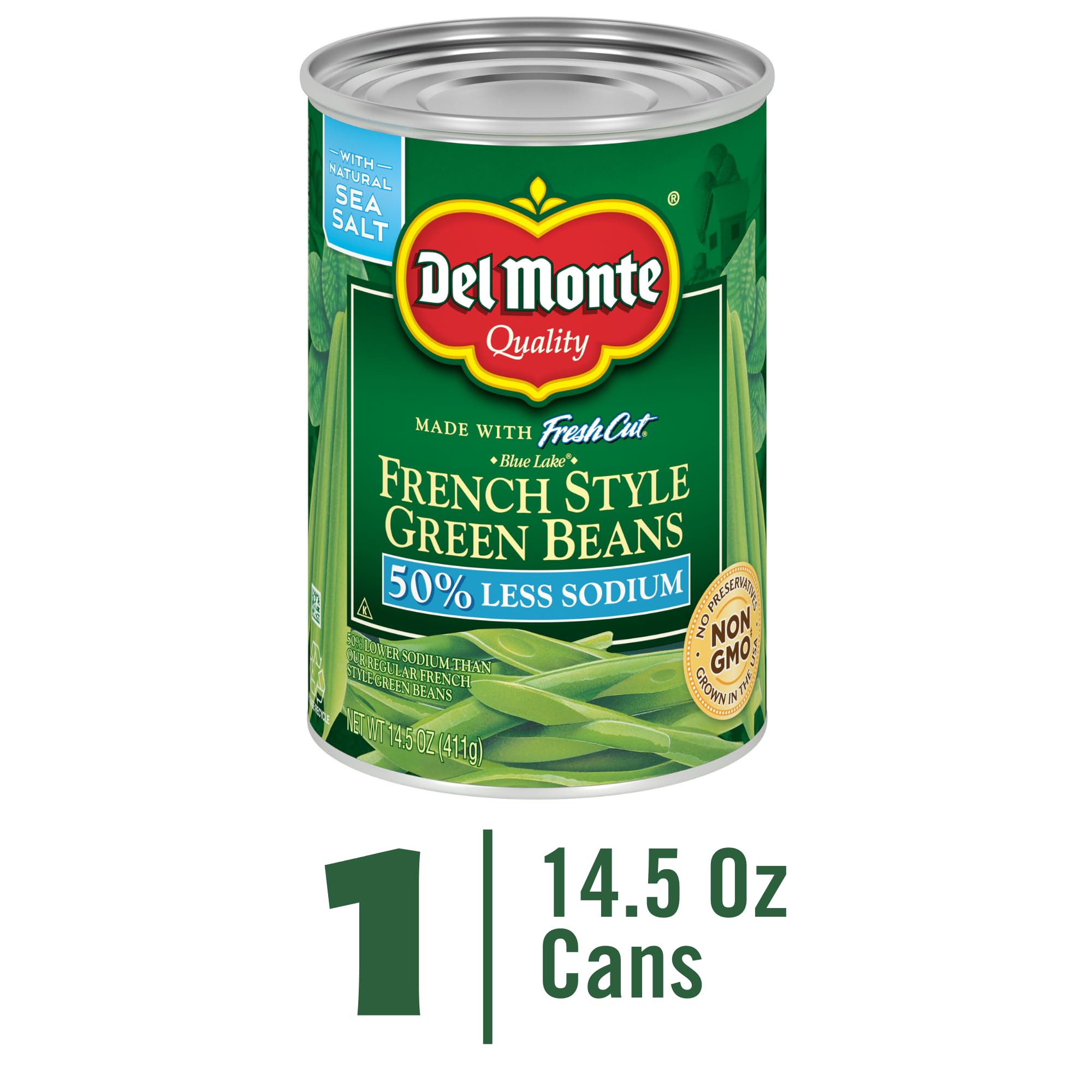 Del Monte green beans with water and sea salt ingredients.