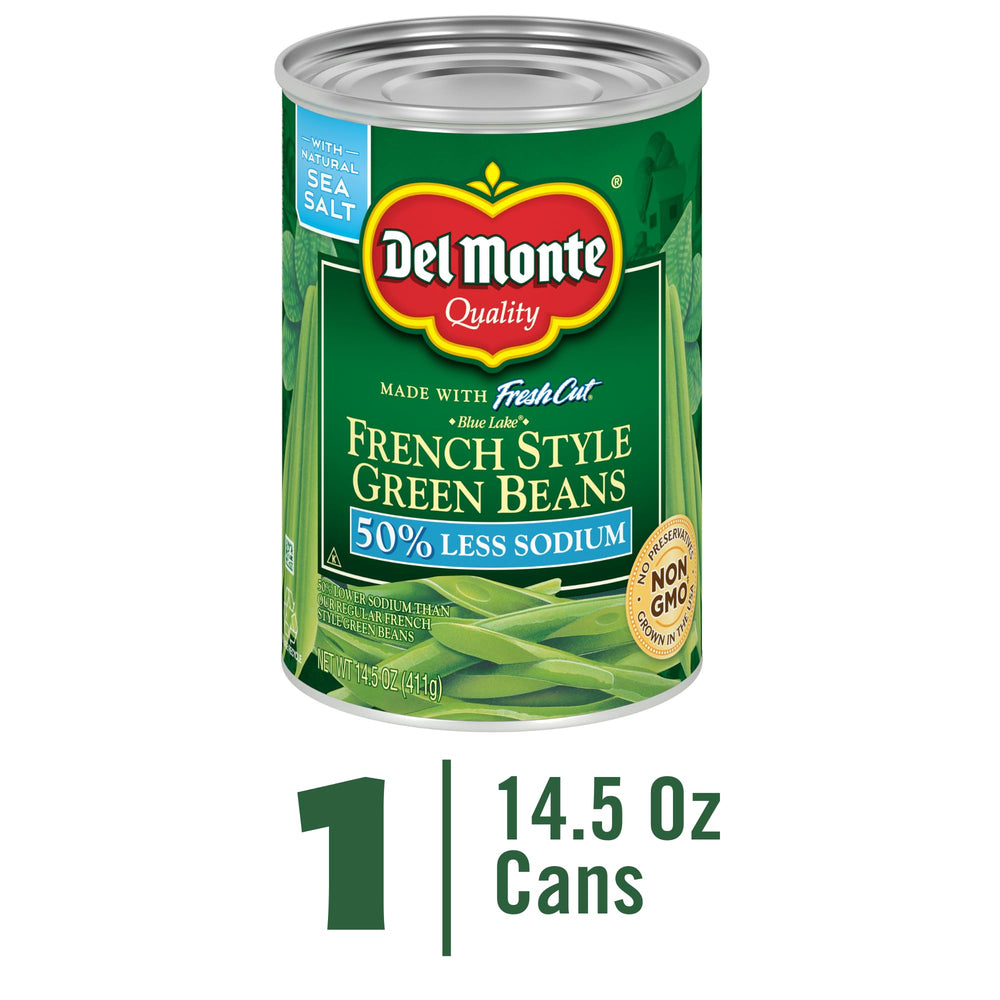 Del Monte green beans with water and sea salt ingredients.