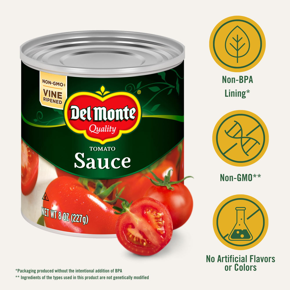 Del Monte Tomato Sauce label closeup, non-GMO, vine-ripened quality at a glance.