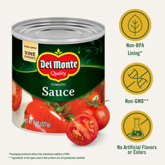 Del Monte Tomato Sauce label closeup, non-GMO, vine-ripened quality at a glance.