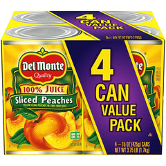 Del Monte yellow cling peaches in juice, ready to eat for quick snacks.