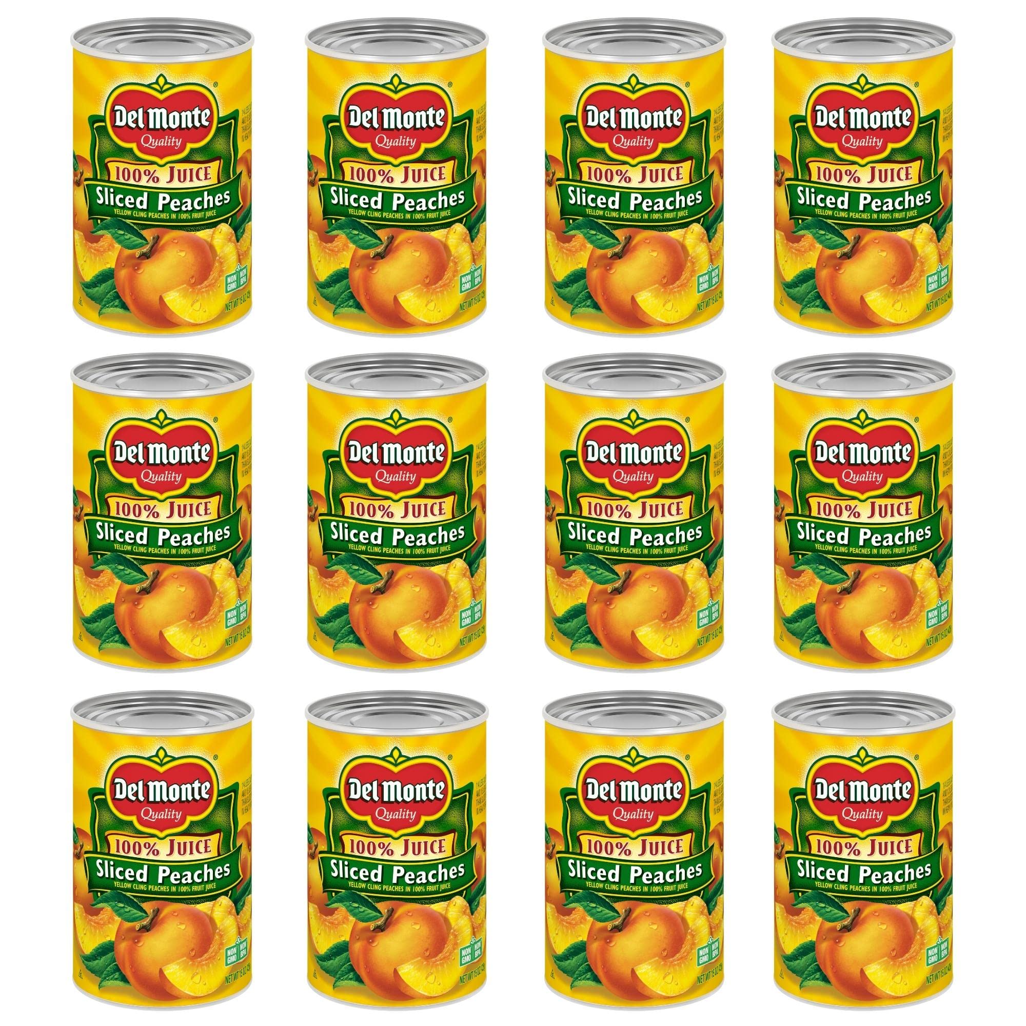 Del Monte yellow cling sliced peaches in juice, ready-to-eat snack.