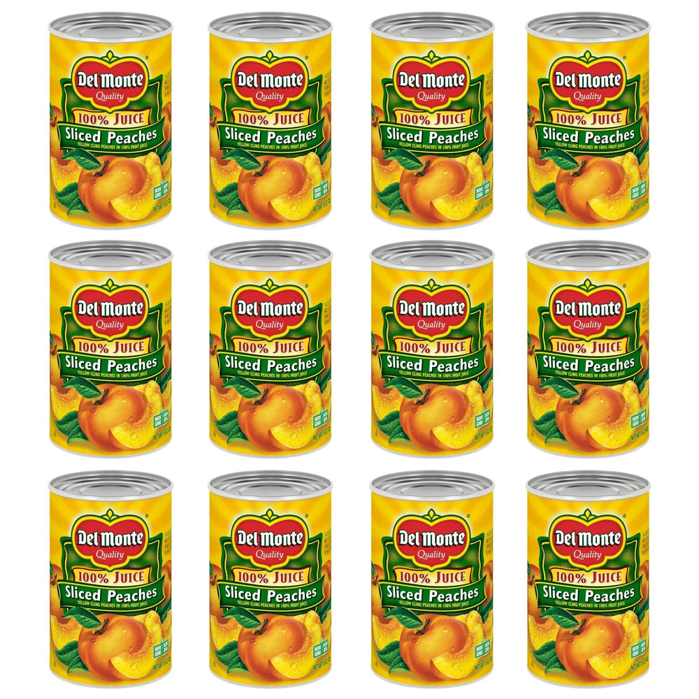 Del Monte yellow cling sliced peaches in juice, ready-to-eat snack.