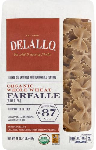 DeLallo 16oz whole-wheat farfalle uncooked, perfect for pantry meals.
