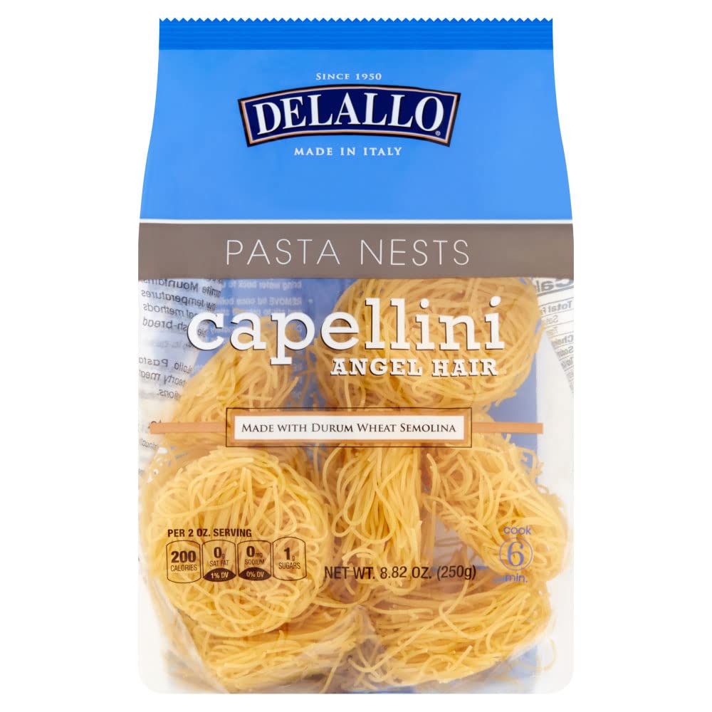 DeLallo Capellini egg pasta nests in bag for easy portions.