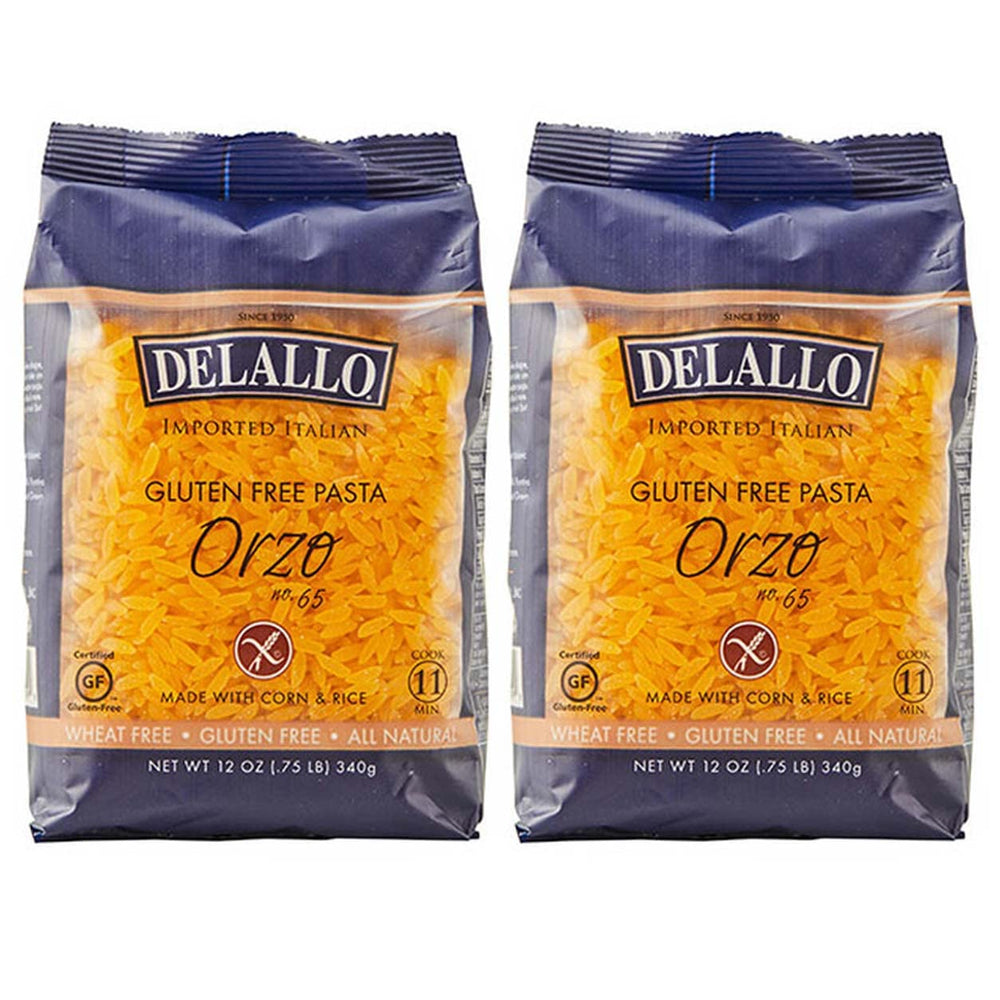 Delallo gluten-free orzo pack showing a two bag set for versatile meals.