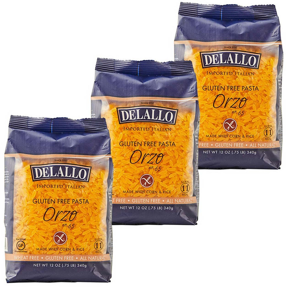 DeLallo gluten-free orzo in bag highlighting premium corn and rice blend for gluten-free meals.