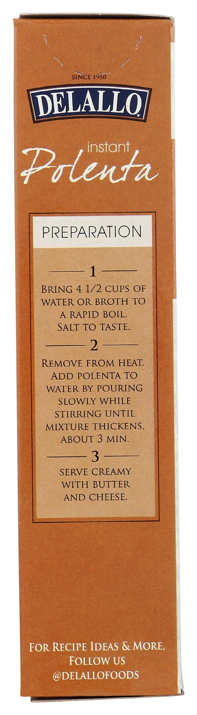 DeLallo Instant Polenta packaging shows a compact 9.2 oz box.