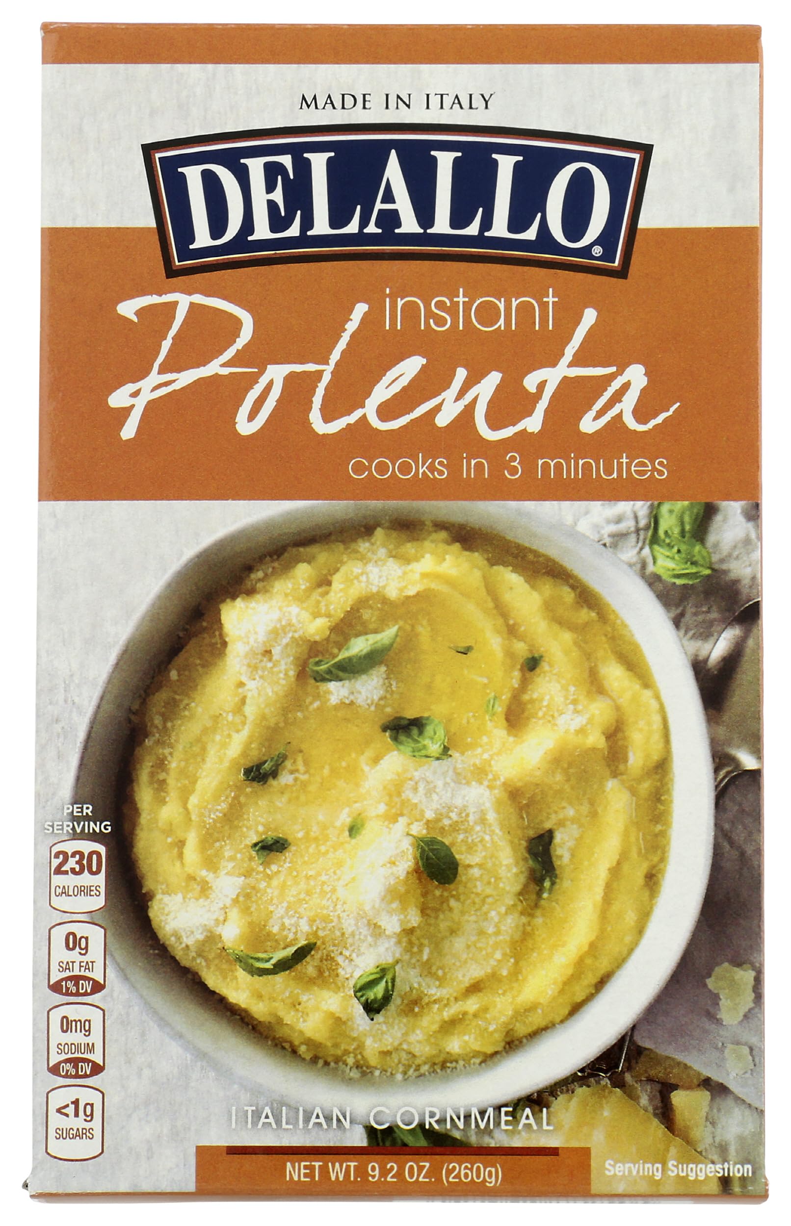 DeLallo Instant Polenta box front, authentic Italian base ready in minutes.