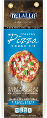Delallo pizza crust mix dough being stretched into a round crust for weeknight dinners