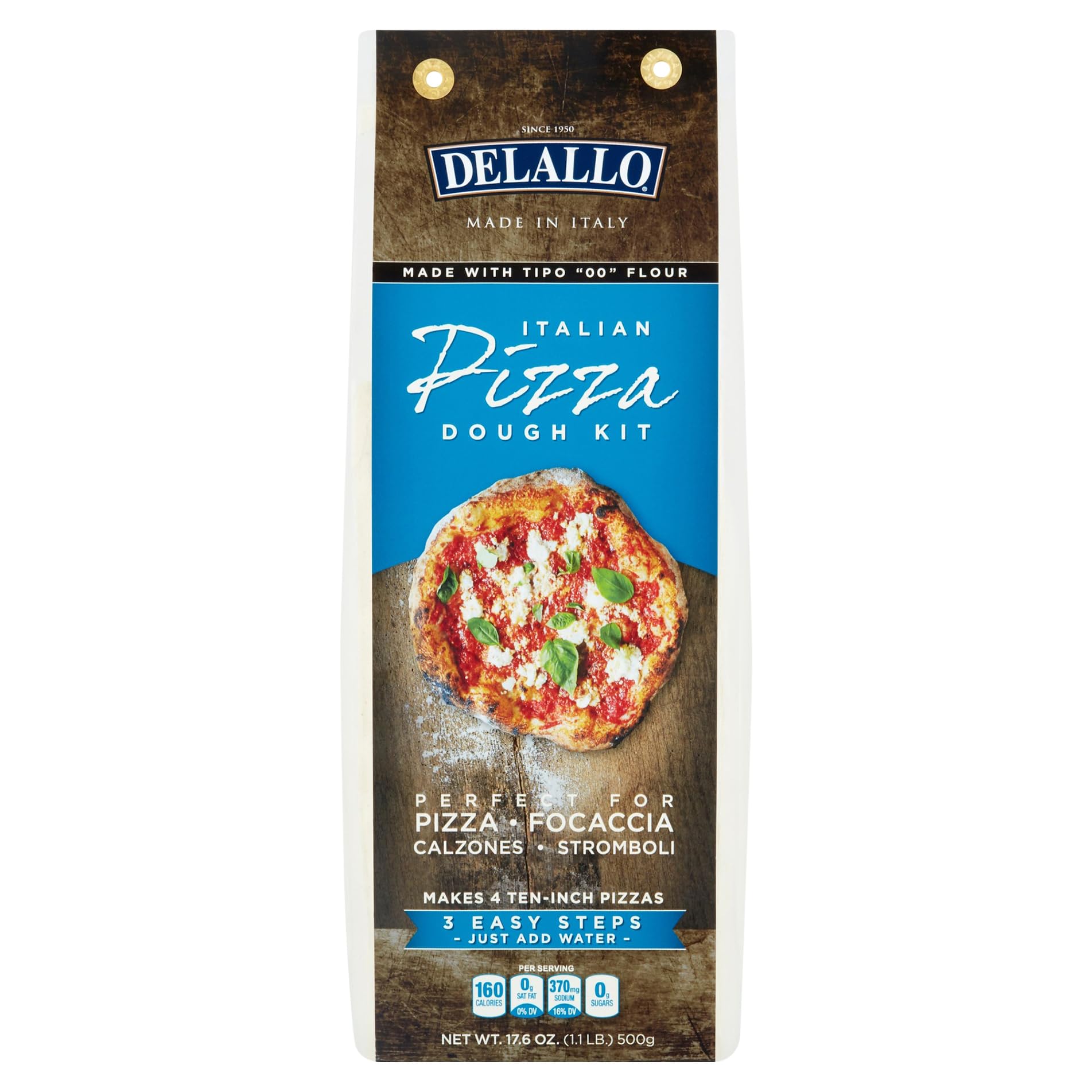 Delallo pizza crust mix bag front view, gluten-free option for quick homemade pizza