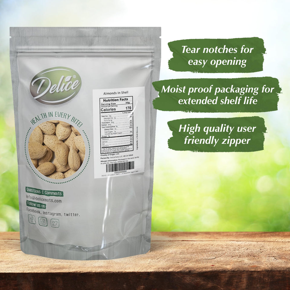 Delice almonds in shell nutrition hero highlights fiber and healthy fats.