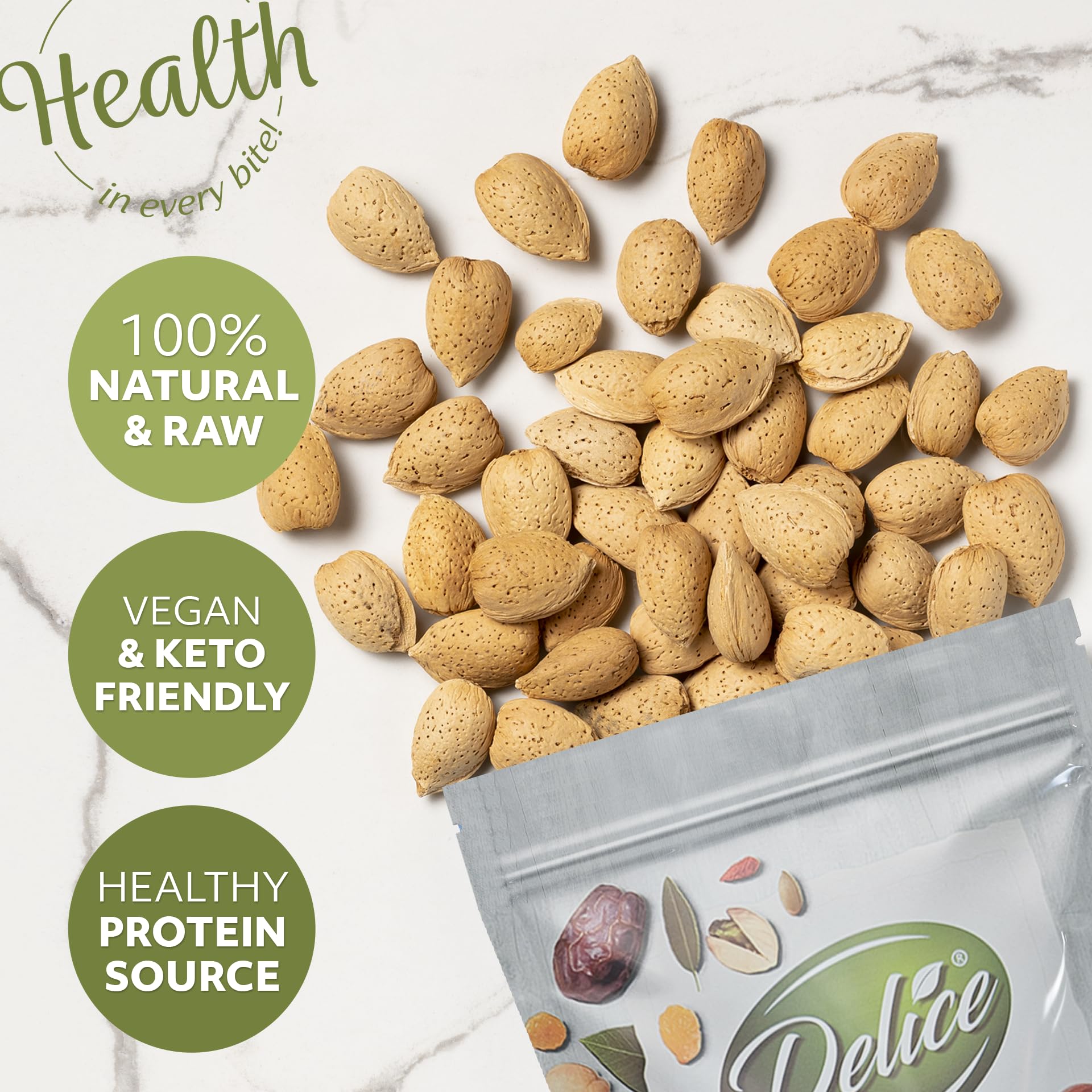 Delice almonds on countertop emphasizing raw, premium quality almonds
