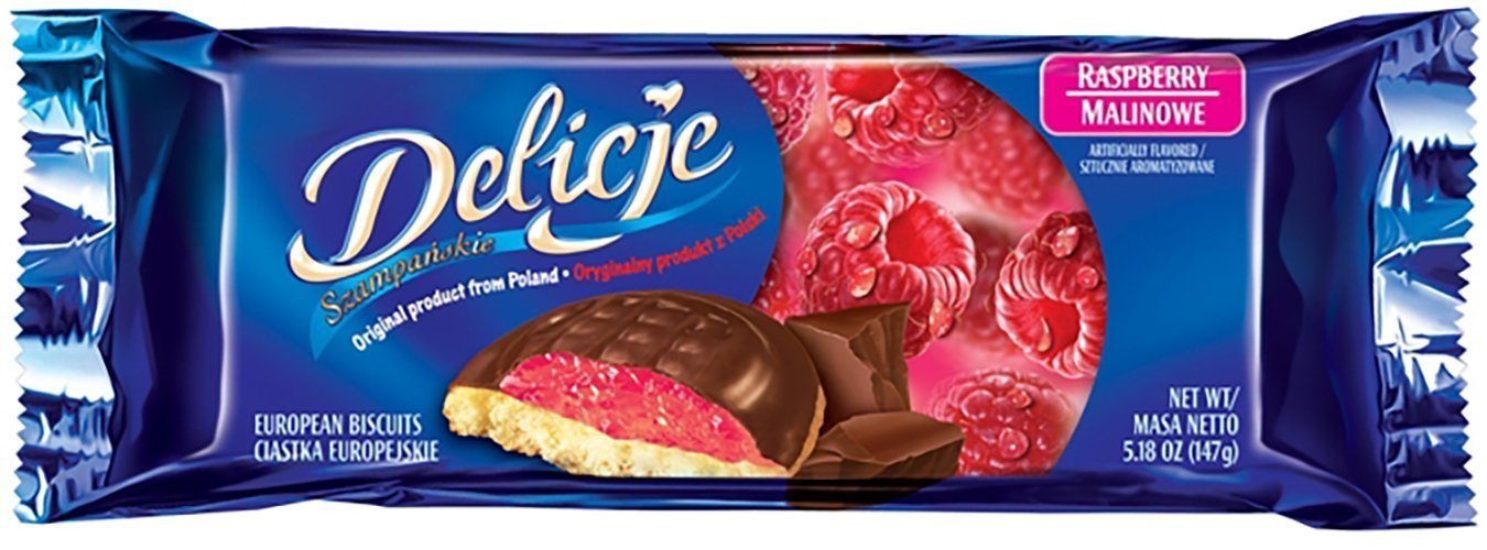 Delicje cherry-filled cookie with chocolate coating, rich fruit flavor.