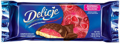 Delicje cherry-filled cookie with chocolate coating, rich fruit flavor.
