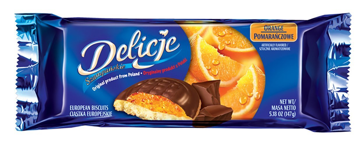 Delicje raspberry-filled cookie with chocolate coating, fruity tea-time treat.