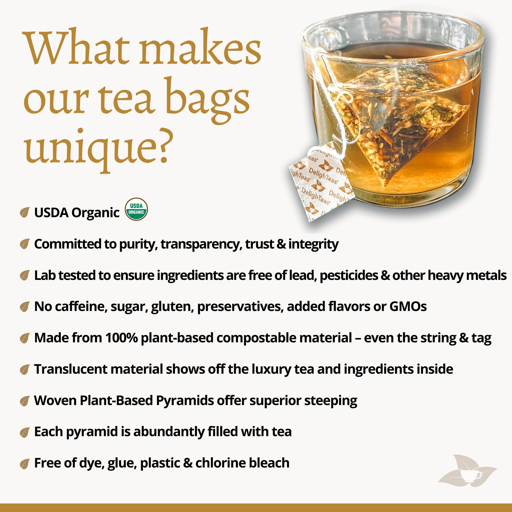 DelighTeas brewed cup with steam evokes a comforting tea ritual.