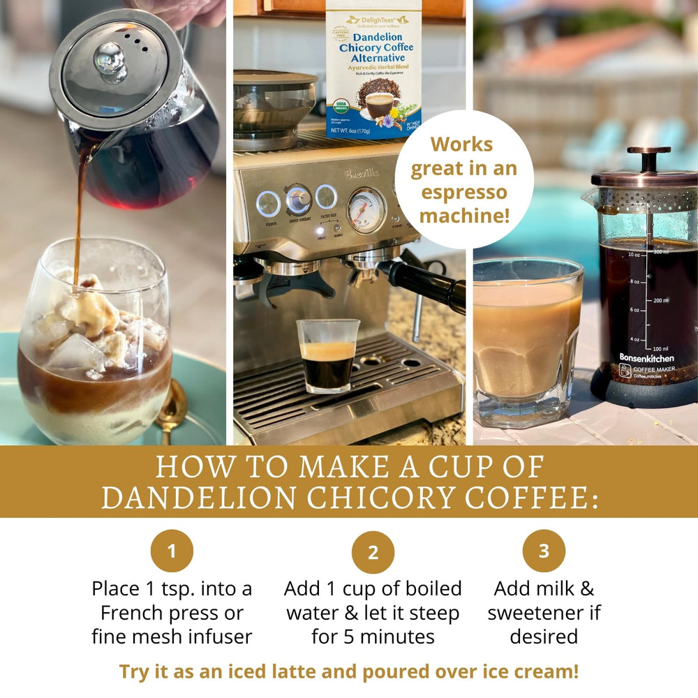 DelighTeas espresso setup showing single-shot use of the caffeine-free blend