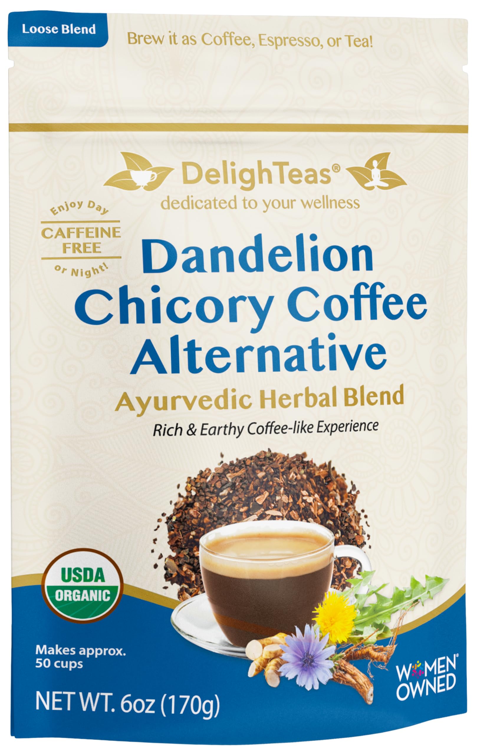 DelighTeas chicory roots in a warm cup setup, earthy aroma and coffee substitute appeal