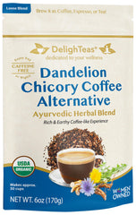 DelighTeas chicory roots in a warm cup setup, earthy aroma and coffee substitute appeal