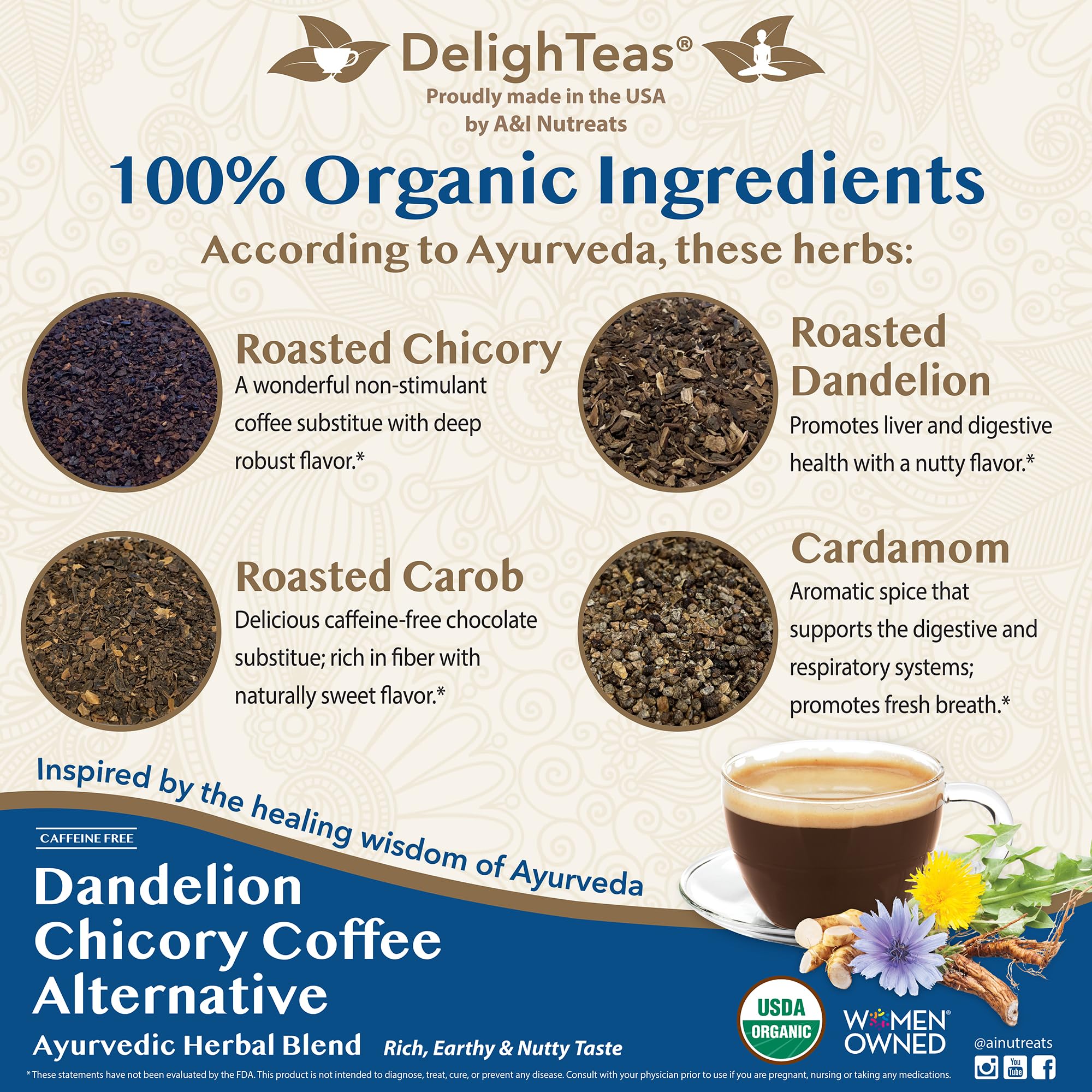 DelighTeas dandelion roots display, earthy scent suggesting a caffeine-free blend