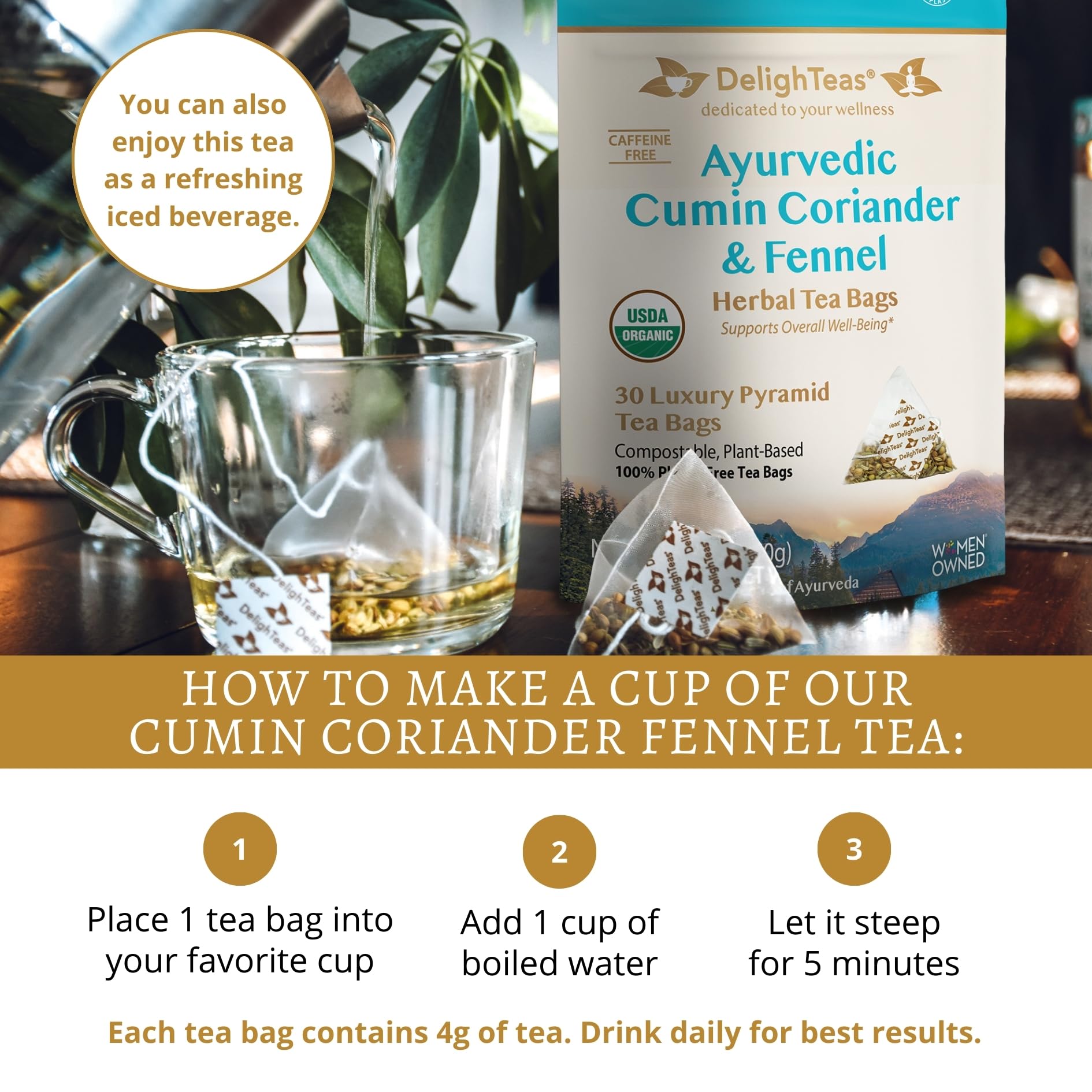 DelighTeas organic ingredients close-up emphasizes pure, premium flavors.