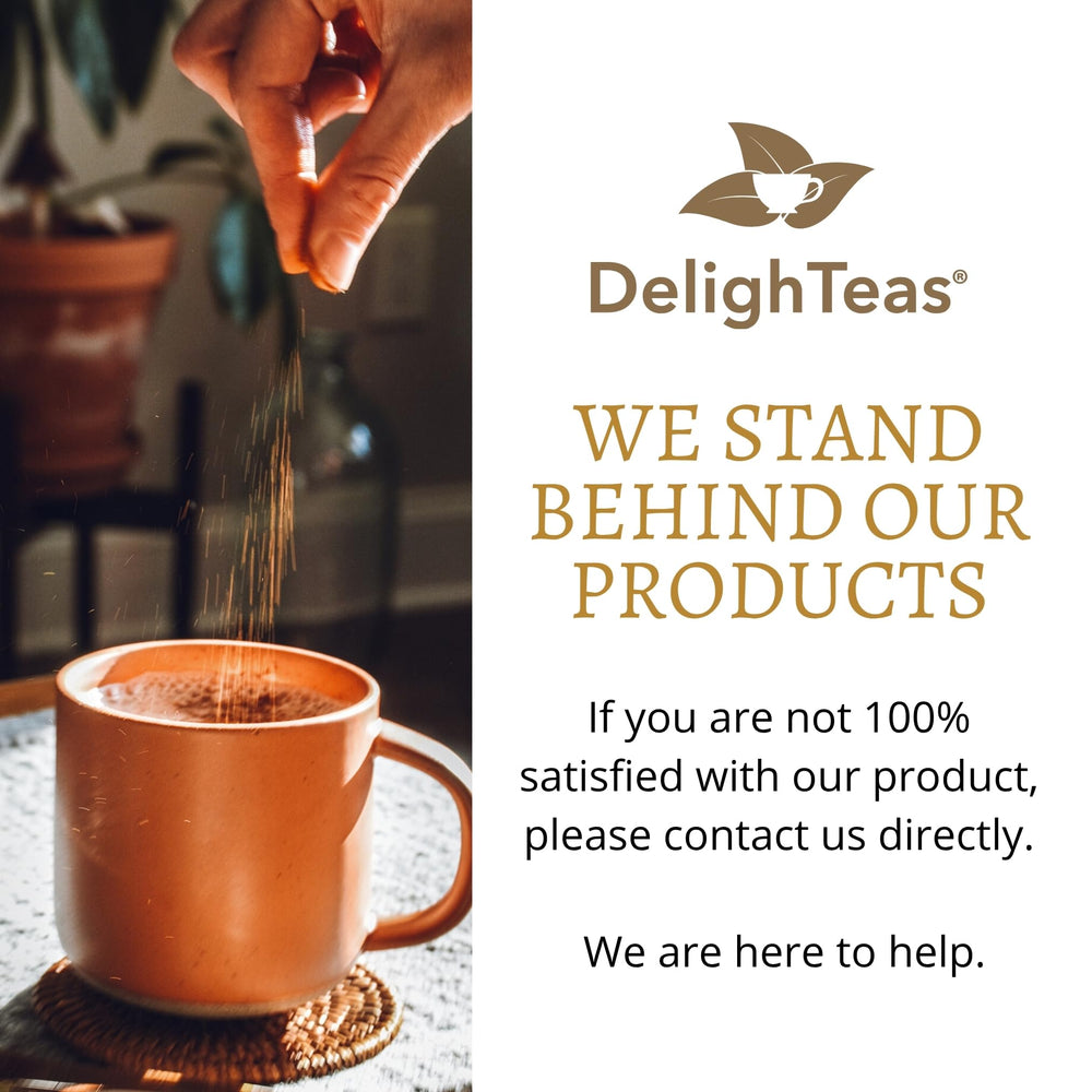 DelighTeas Organic label shows 100% organic, non-GMO ingredients