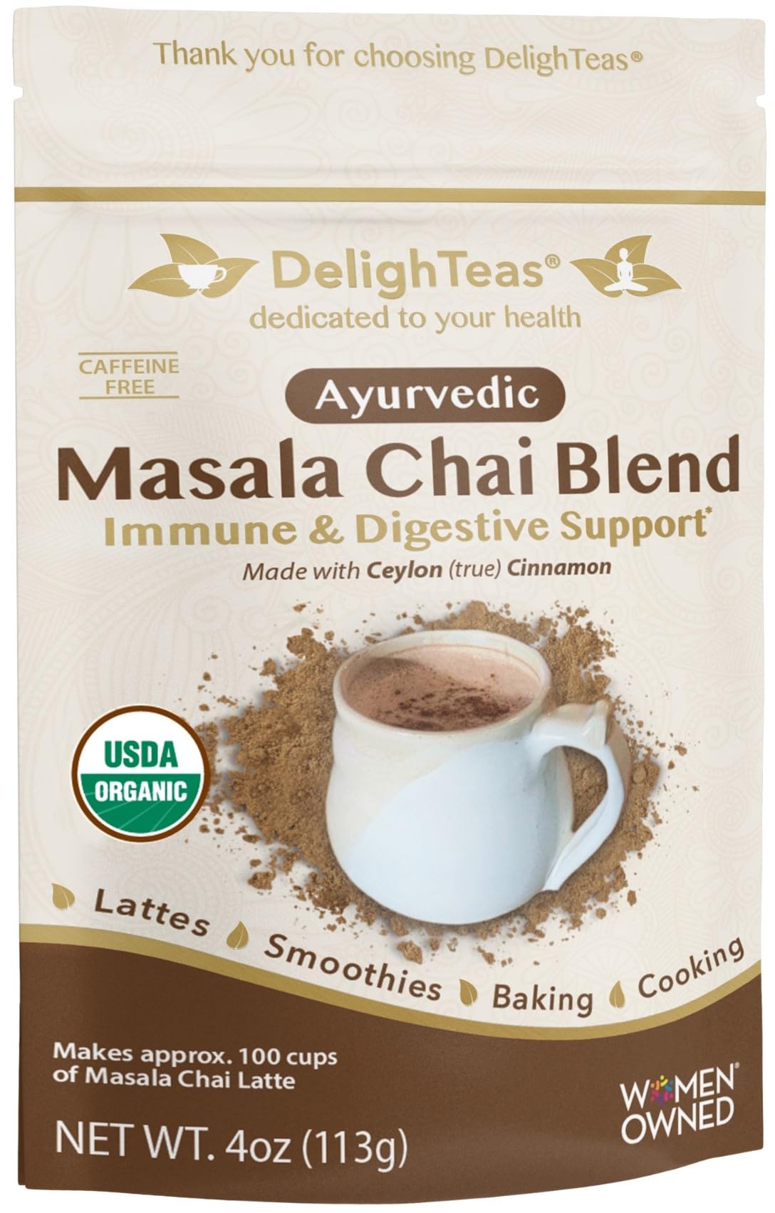 DelighTeas Organic Masala Chai Powder bottle pouring for caffeine-free tea rituals