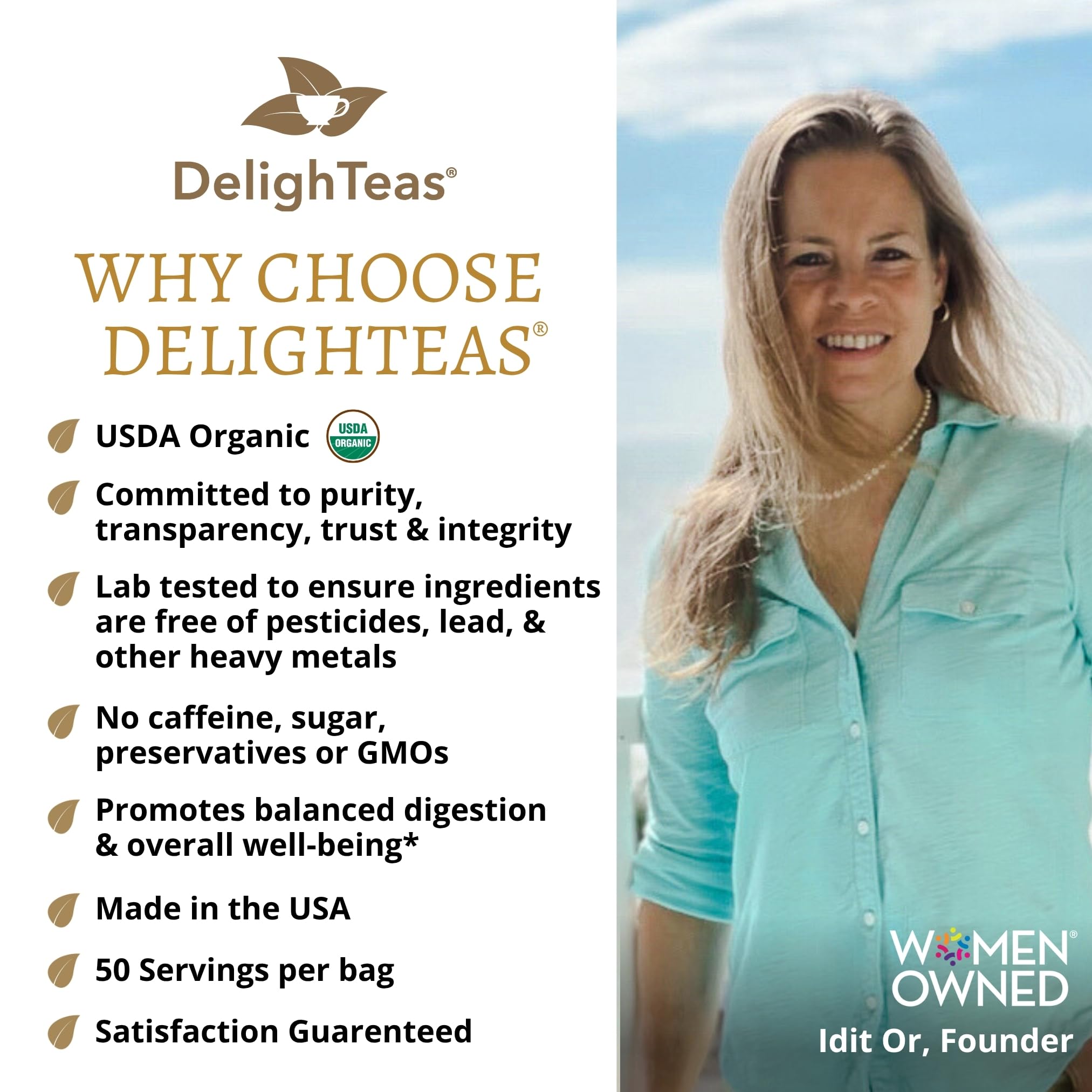 DelighTeas Stomach & Liver Tea loose-leaf form highlights caffeine-free vegan blend.