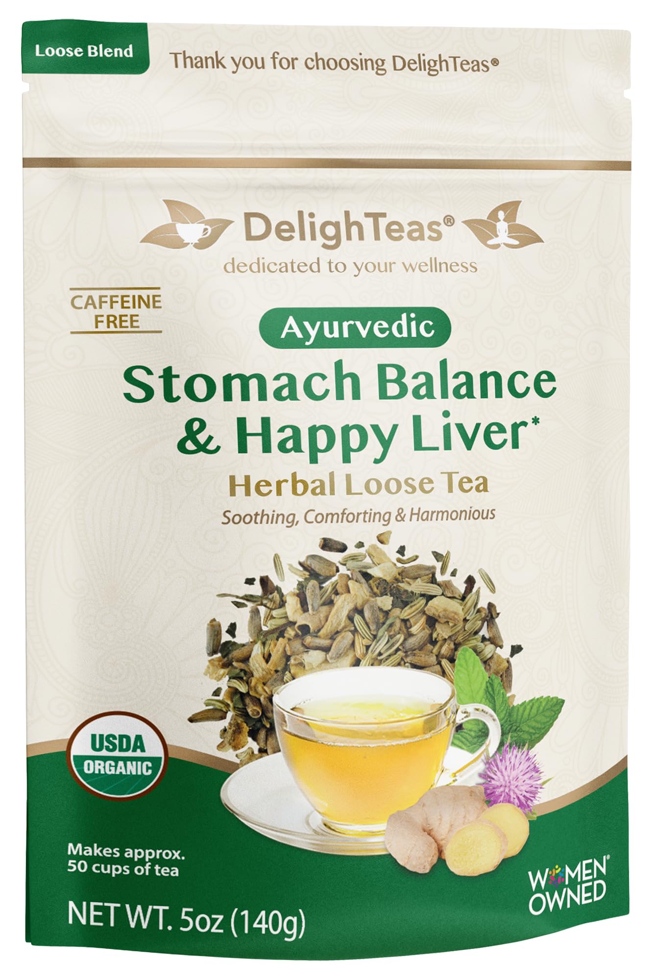 DelighTeas Stomach & Liver Tea packaging showing organic blend for daily digestive support.