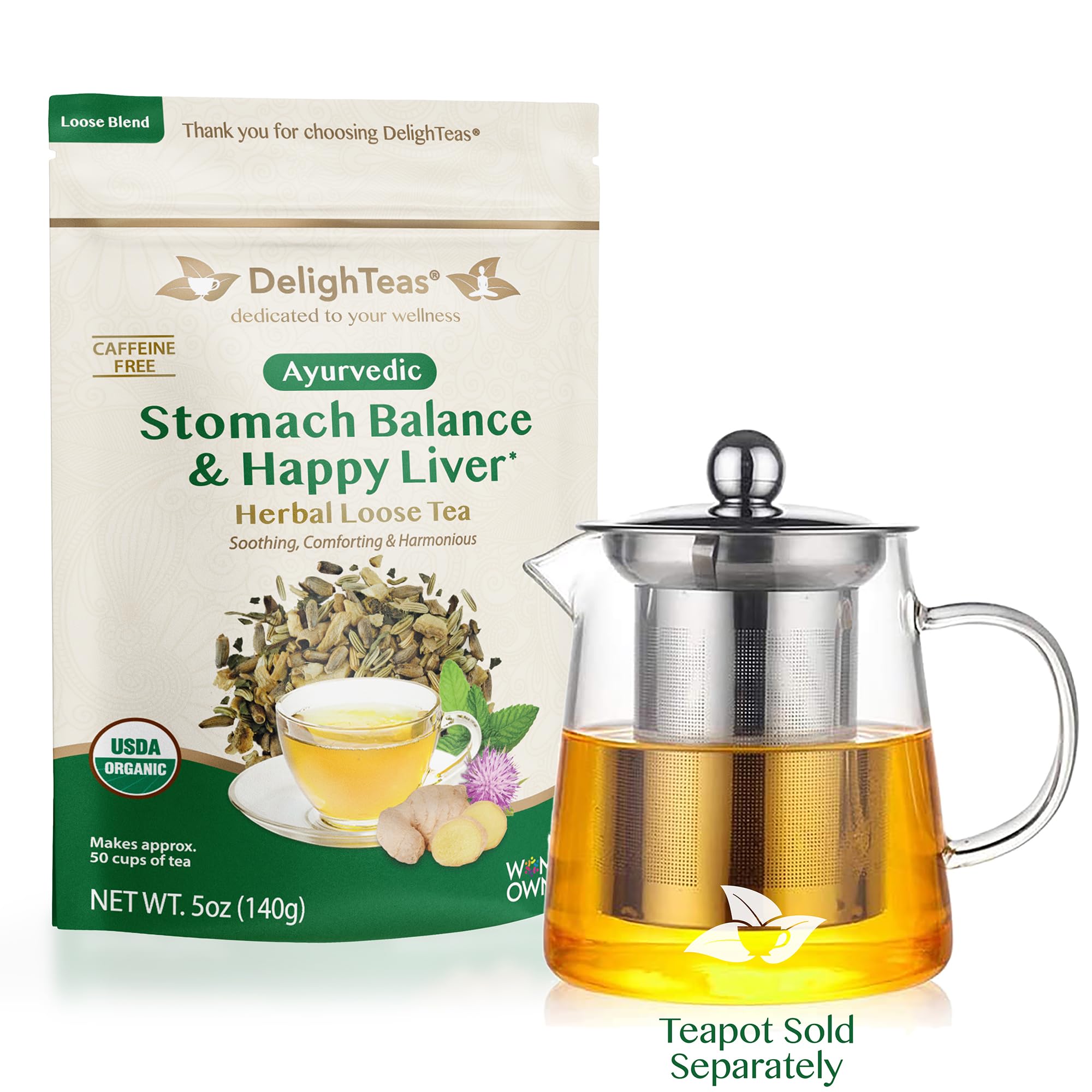 DelighTeas Stomach & Liver Tea pouch shows convenient 50-serving supply.