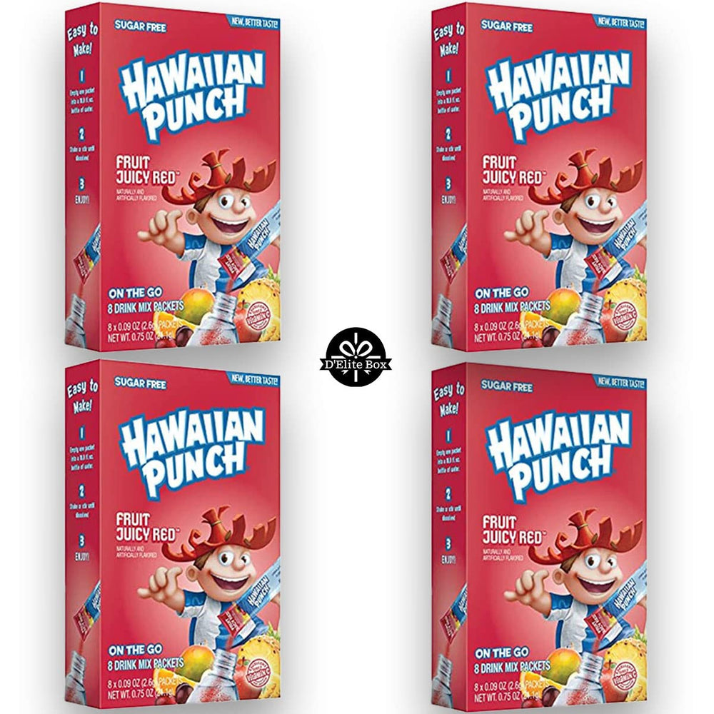D'Elite Box Hawaiian Punch Juicy Red zero sugar eight-count box for quick at-home refreshment.