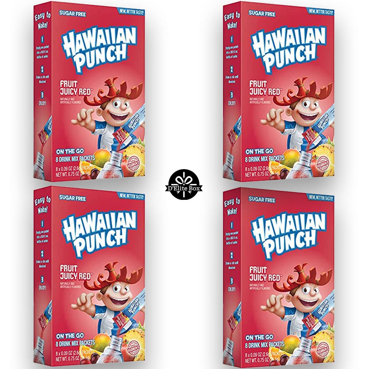 D'Elite Box Hawaiian Punch Juicy Red zero sugar eight-count box for quick at-home refreshment.